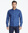 Model wearing a Navy Classic Cotton Shirt with Floral Print