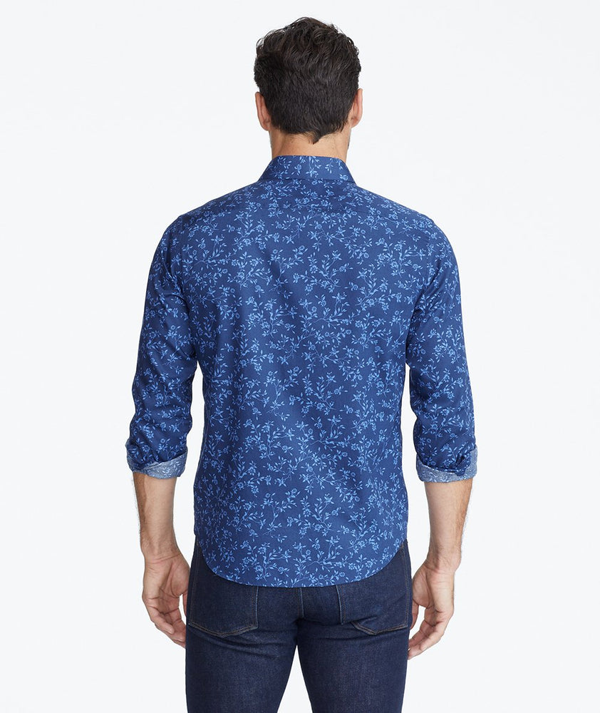 Model wearing a Navy Classic Cotton Shirt with Floral Print