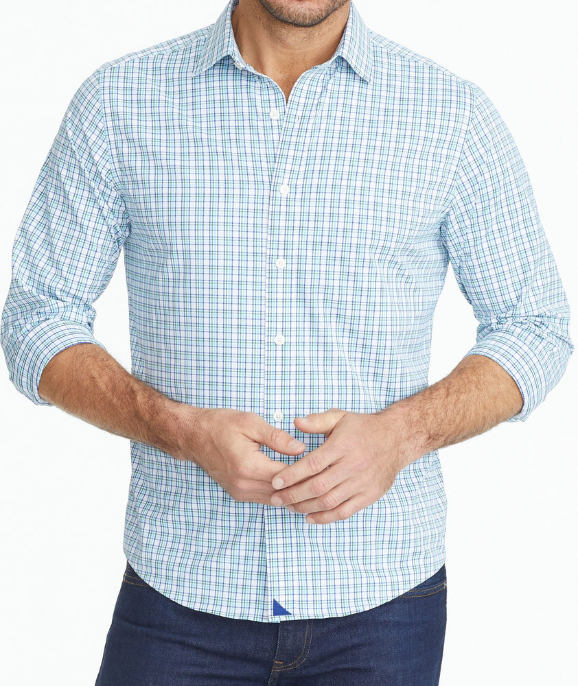 Model wearing a Blue Wrinkle-Free Performance Torciano Shirt