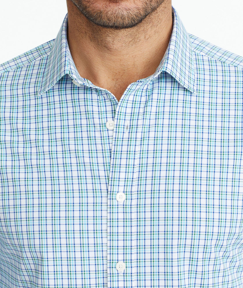 Model wearing a Blue Wrinkle-Free Performance Torciano Shirt