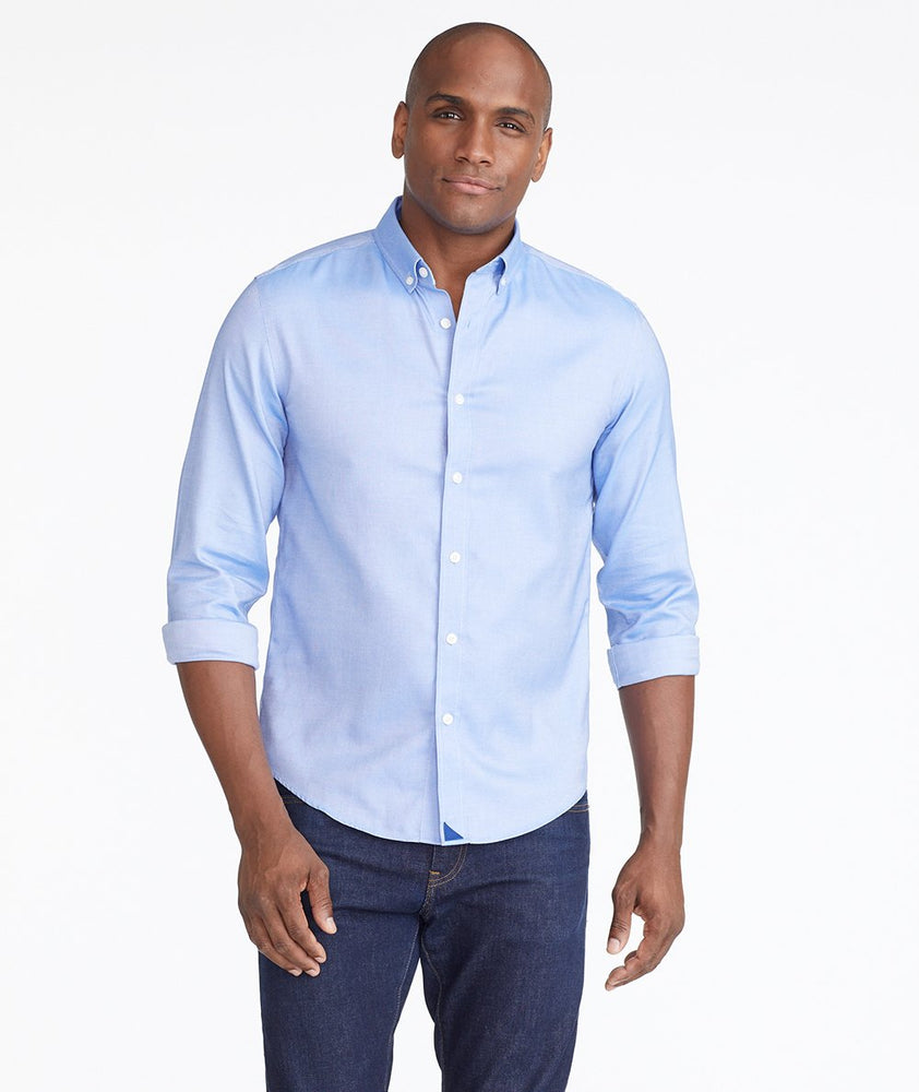 Model wearing a Blue Luxe Wrinkle-Free Travalda Shirt