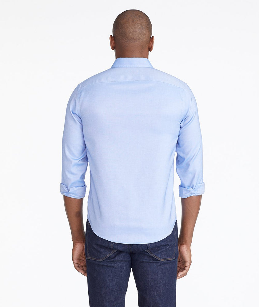 Model wearing a Blue Luxe Wrinkle-Free Travalda Shirt