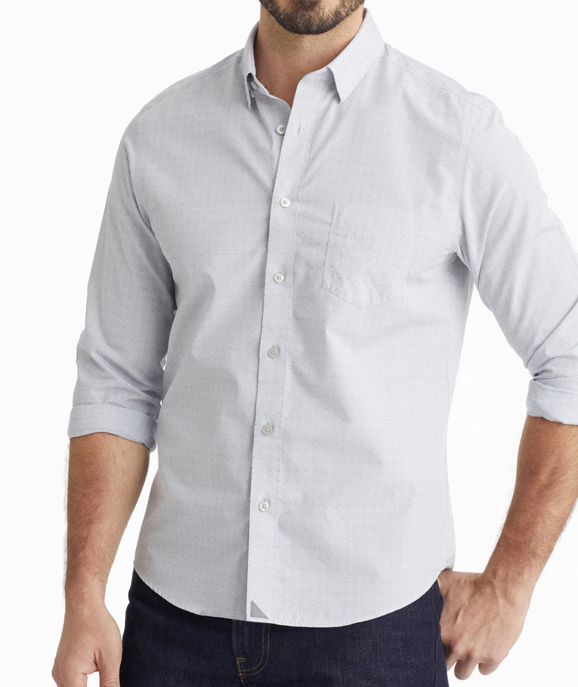 Model wearing a Grey Wrinkle-Free Tresor Shirt