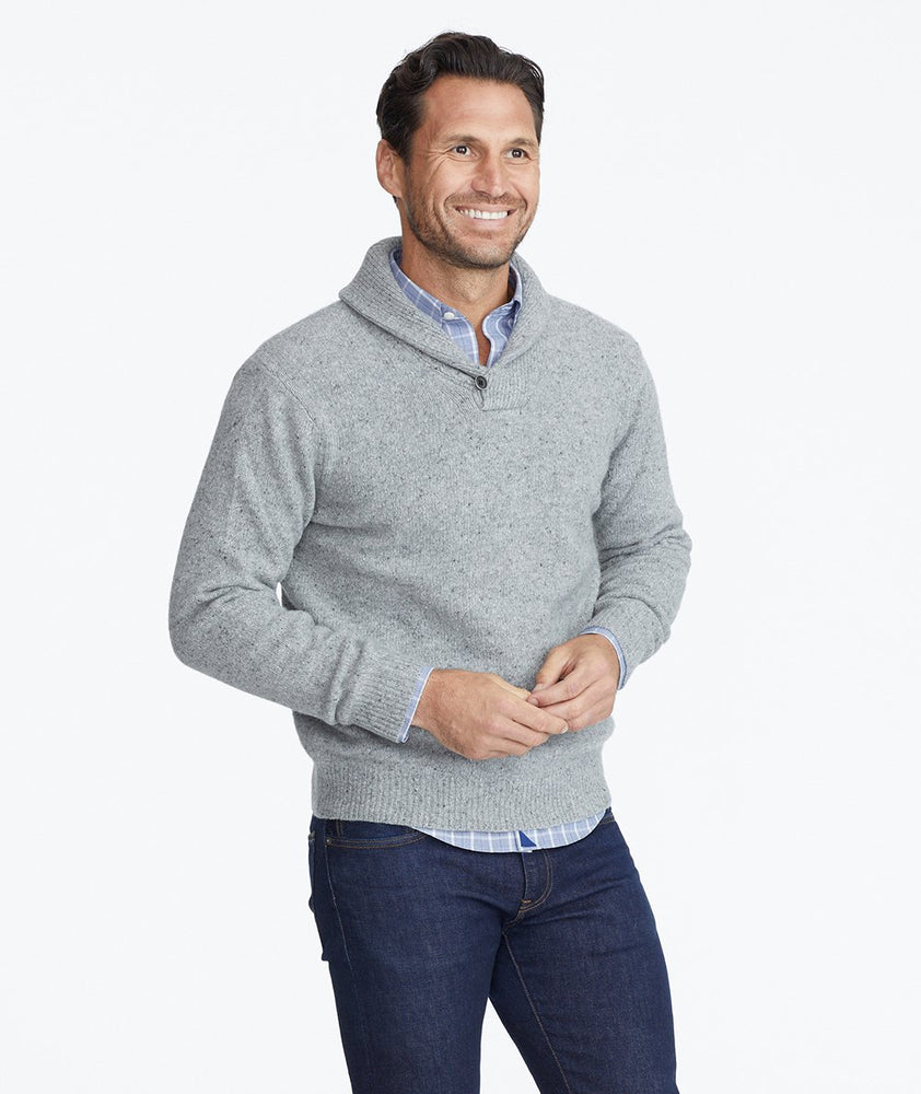 Model wearing a Grey Donegal Shawl Collar Sweater