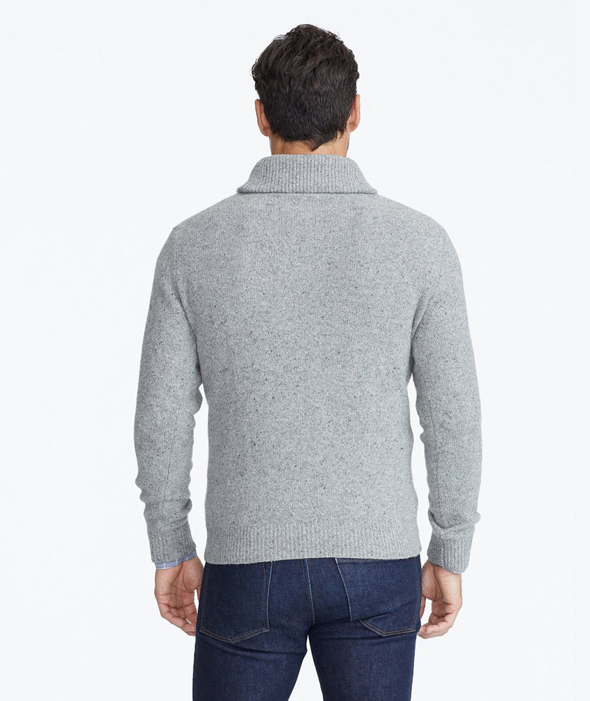 Model wearing a Grey Donegal Shawl Collar Sweater
