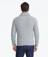 Model wearing a Grey Donegal Shawl Collar Sweater