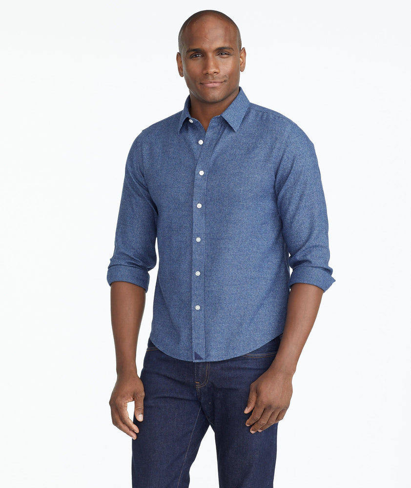 Model wearing a Blue Wrinkle-Free Veneto Shirt