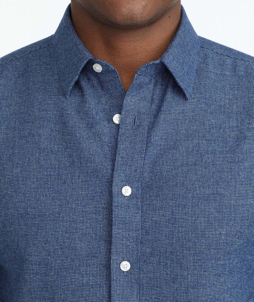 Model wearing a Blue Wrinkle-Free Veneto Shirt
