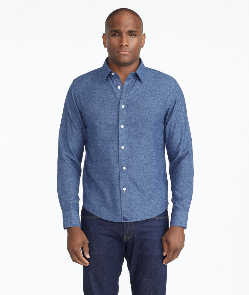 Model wearing a Blue Wrinkle-Free Veneto Shirt