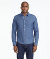 Model wearing a Blue Wrinkle-Free Veneto Shirt