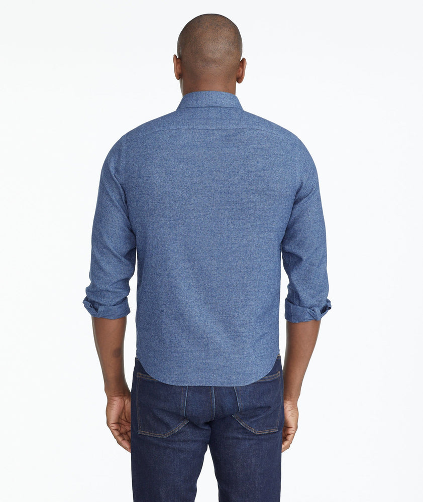 Model wearing a Blue Wrinkle-Free Veneto Shirt