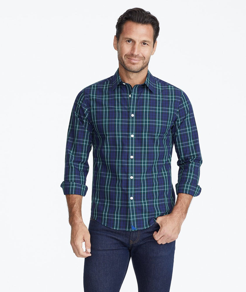 Model wearing a Navy Wrinkle-Free Verada Shirt