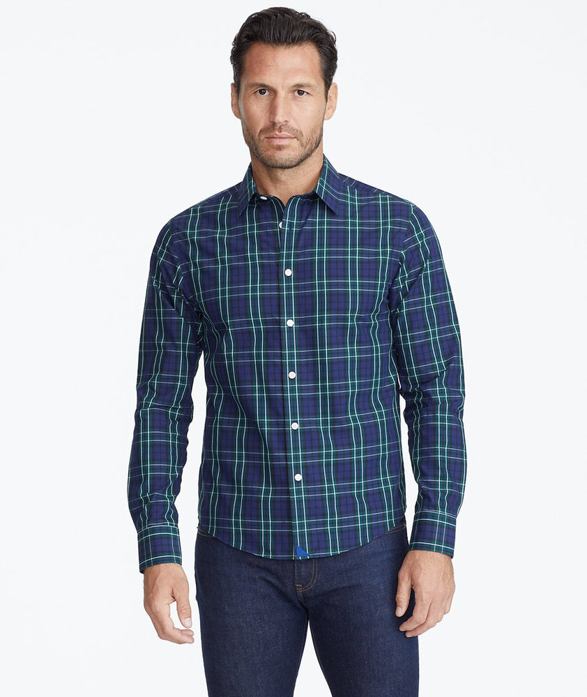 Model wearing a Navy Wrinkle-Free Verada Shirt