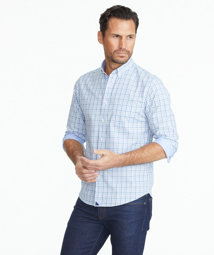 Model wearing a Blue Wrinkle-Free Vicchio Shirt
