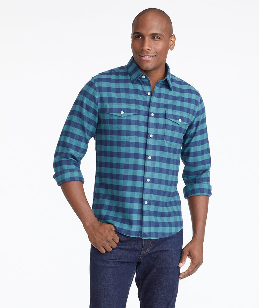 Model wearing a Mid Blue Heavyweight Wrinkle-Free Flannel Vigouroux Shirt