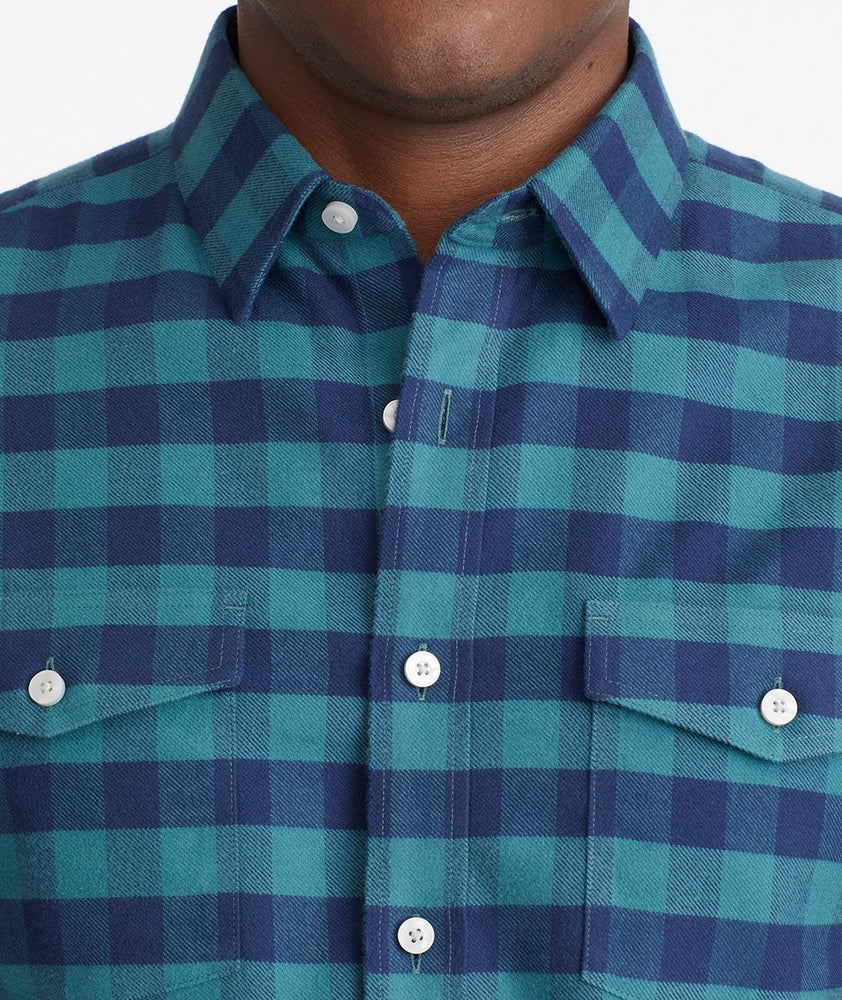 Model wearing a Mid Blue Heavyweight Wrinkle-Free Flannel Vigouroux Shirt