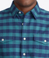 Model wearing a Mid Blue Heavyweight Wrinkle-Free Flannel Vigouroux Shirt