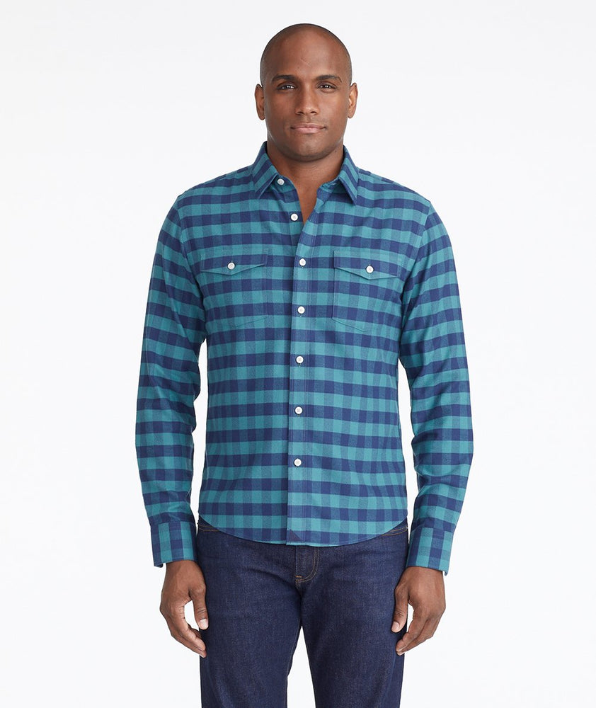 Model wearing a Mid Blue Heavyweight Wrinkle-Free Flannel Vigouroux Shirt