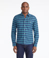 Model wearing a Mid Blue Heavyweight Wrinkle-Free Flannel Vigouroux Shirt