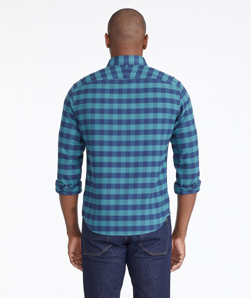 Model wearing a Mid Blue Heavyweight Wrinkle-Free Flannel Vigouroux Shirt
