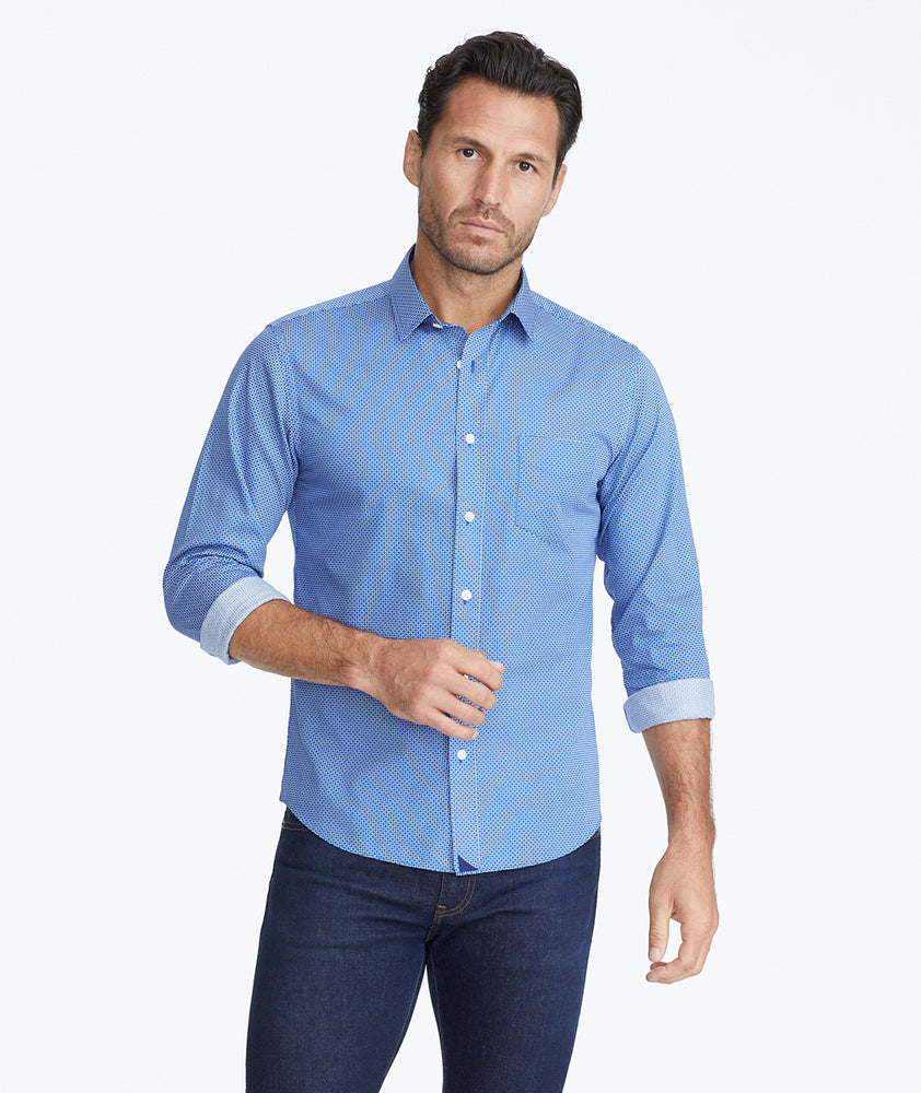 Model wearing a Blue Classic Cotton Shirt with Geo Print