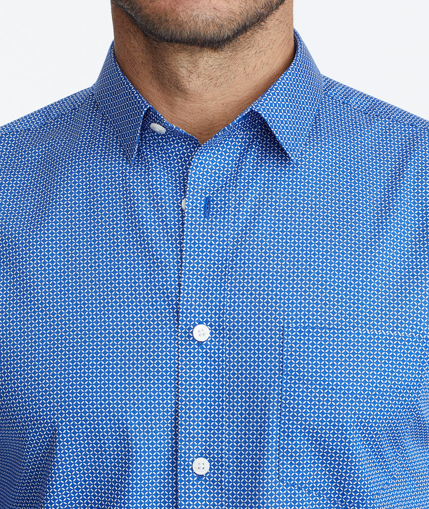 Model wearing a Blue Classic Cotton Shirt with Geo Print