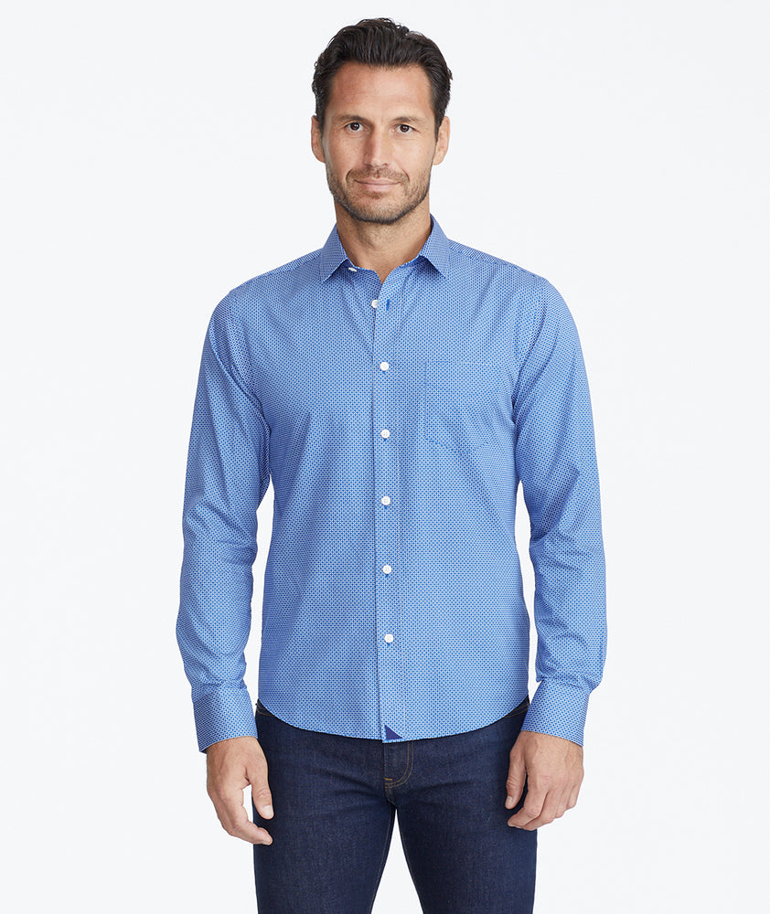 Model wearing a Blue Classic Cotton Shirt with Geo Print