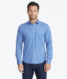 Model wearing a Blue Classic Cotton Shirt with Geo Print
