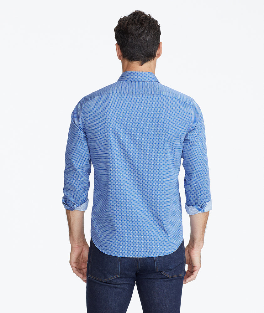 Model wearing a Blue Classic Cotton Shirt with Geo Print