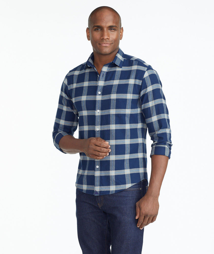 Model wearing a Blue Heavyweight Flannel Vougeot Shirt