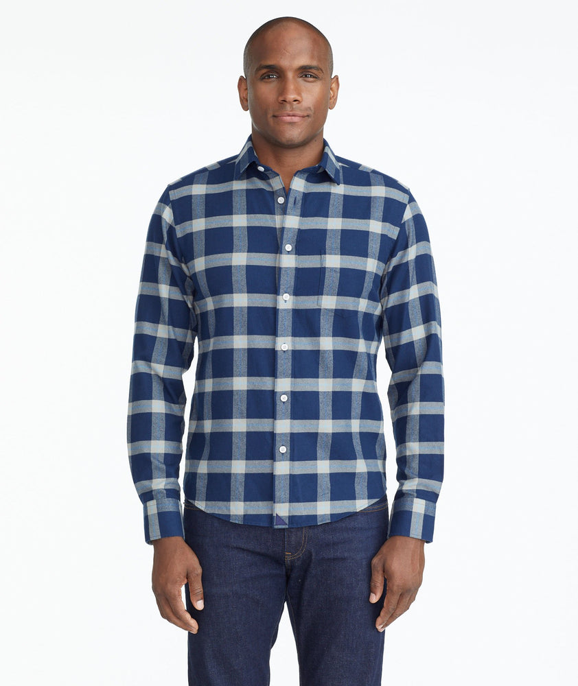 Model wearing a Blue Heavyweight Flannel Vougeot Shirt