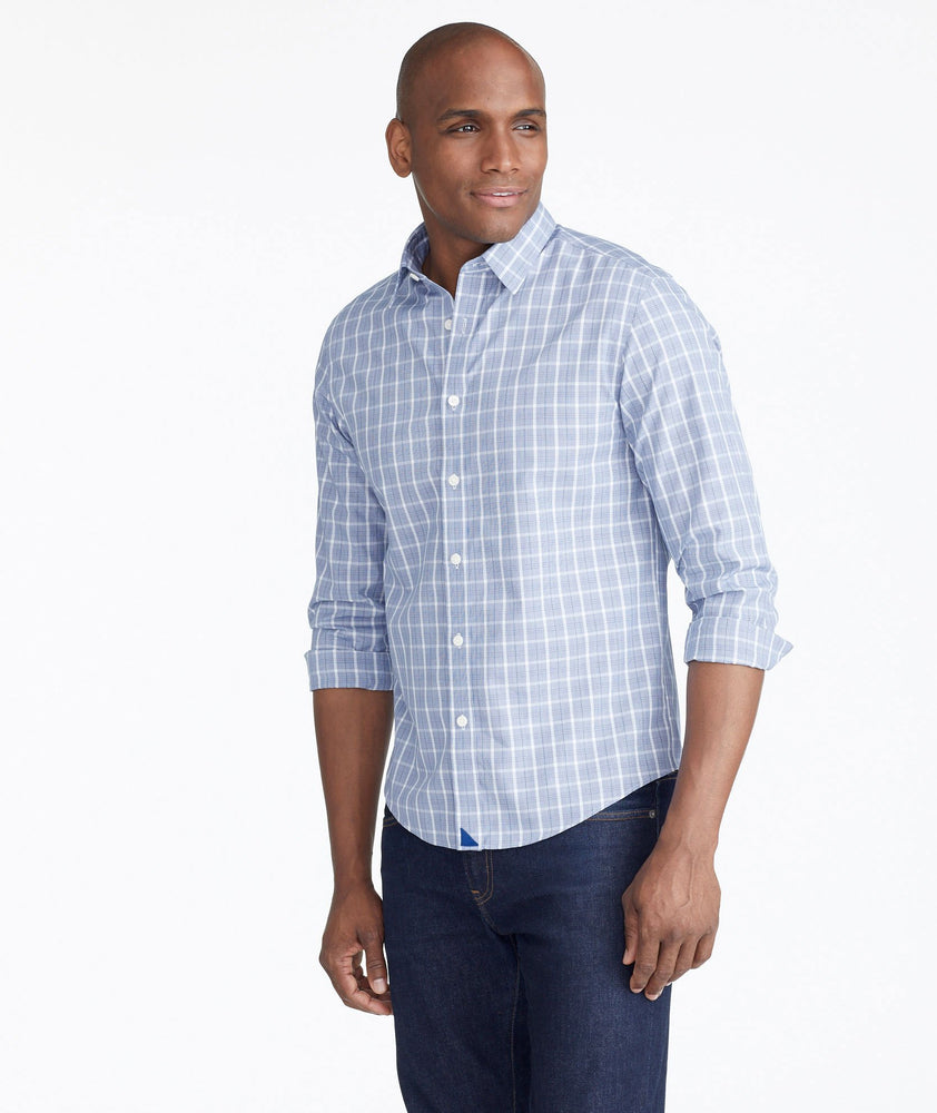 Model wearing a Blue Wrinkle-Free Yanberg Shirt