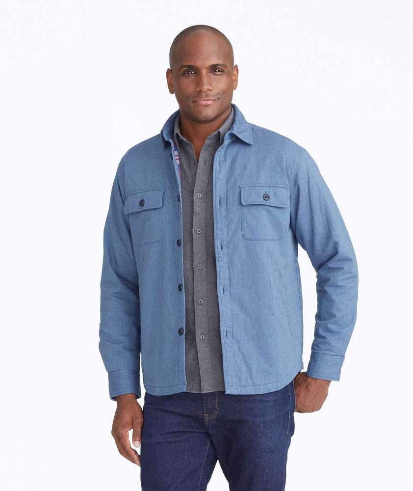 Model wearing a Blue Shirt Jacket