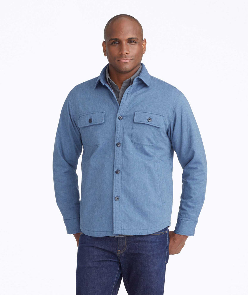 Model wearing a Blue Shirt Jacket