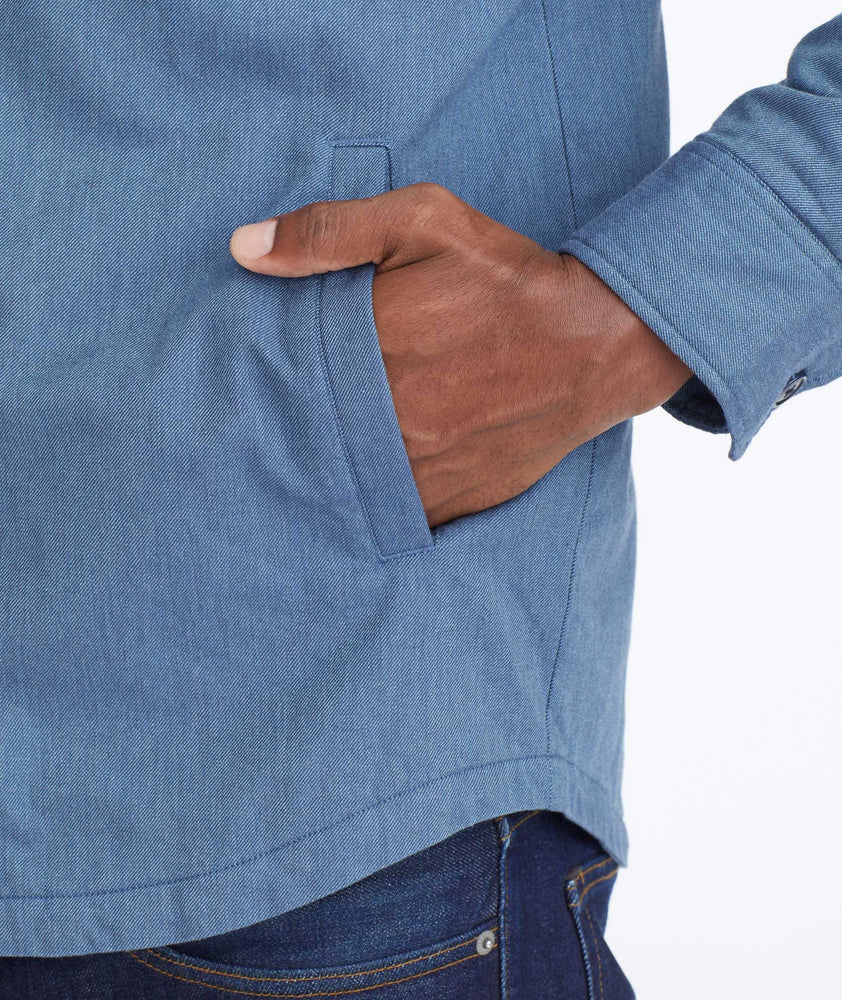 Model wearing a Blue Shirt Jacket